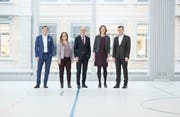 Die St.Galler Stadtregierung in ihrer derzeitigen Zusammensetzung (von links): Stadtrat Peter Jans und Stadträtin Maria Pappa (beide SP), Stadtpräsident Thomas Scheitlin (FDP), Stadträtin Sonja Lüthi (GLP) und Stadtrat Markus Buschor (parteilos). (Bild: PD/Daniel Ammann - 14. Februar 2018)