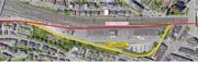 In rot die neue Linienführung der Appenzeller Bahnen im alten Güterbahnhof. (Illustration: Appenzeller Bahnen - 25. Februar 2019)