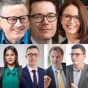 Die Ständeratskandidaten: Patrick Ziltener (Grüne), Benedikt Würth (CVP), Susanne Vincenz-Stauffacher (FDP), Sarah Jyoti Bösch, Alex Pfister, Andreas Graf und Mike Egger (SVP).