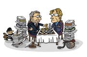 Versessen ins Paragraphenschach: Oberstaatsanwältin und ihr Vize kämpfen juristisch gegeneinander, derweil andere Fälle reihenweise liegen bleiben. (Zeichnung Tobit)