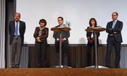 Verwaltungsratspräsident Prof. Dr. Felix Sennhauser, Verwaltungsratsmitglied Yvonne Biri Massler, Regierungsrat Benedikt Würth, Regierungsrätin Heidi Hanselmann und Regierungsrat Marc Mächler (von links) stellten sich den Fragen aus dem Publikum. (Bilder: Corinne Hanselmann)