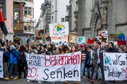 Brennende Erde, Dinosaurier und Greta Thunberg auf den Plakaten: Die Jugend marschierte in St. Gallen für den Klimaschutz. Bild: Mareycke Frehner
