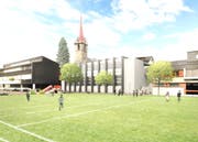 Die Mehrzweckhalle Sigristhofstatt erhält eine neue Fassade – und ein zusätzliches Stockwerk für die Kita. (Visualisierung: PD)