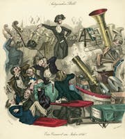 Hector Berlioz war auch ein willkommenes Sujet für die Karikaturisten seiner Zeit. Dieser Kupferstich aus der Wiener Theaterzeitung zeigt «ein Konzert im Jahre 1846» - bei dem sich die Zuhörer die Ohren zuhalten. (Bild: Keystone)