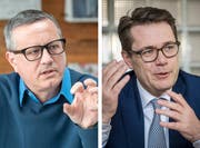 Ringen um Stimmen der umweltbewussten Wähler: Patrick Ziltener (Grüne) und Benedikt Würth (CVP). (Bilder: Urs Bucher, Michel Canonica)