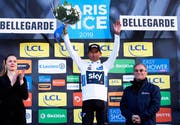 Der Kolumbianer Egan Bernal (Mitte) ist der beste junge Fahrer bei der Fernfahrt Paris-Nizza. (Bild: Sébastien Nogier/EPA (11. März 2019)9