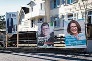 Ständeratskandidaten Benedikt Würth (CVP), Mike Egger (SVP) und Susanne Vincenz-Stauffacher (FDP): Mit grosser Wahrscheinlichkeit werden die Köpfe im zweiten Wahlgang die gleichen sein. (Bild: Gian Ehrenzeller/KEY)