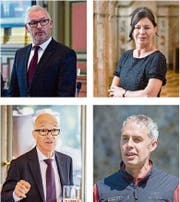 Sind umweltfreisinnig: Regierungsrat Martin Klöti, Kantonsratspräsidentin Imelda Stadler, Stadtpräsident Thomas Scheitlin und Parteipräsident Raphael Lüchinger. (Bilder: Regina Kühne, Urs Bucher, Thi May Lien Nguyen)