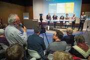 Die Regierungsratskandidaten stellten sich am Podium im LZ-Auditorium auch Publikumsfragen. (Bild: Dominik Wunderli (Luzern, 12. März 2019))