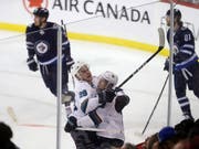 Timo Meier (links) feiert mit Joe Pavelski den späten Siegestreffer gegen die Winnipeg Jets (Bild: KEYSTONE/AP The Canadian Press/TREVOR HAGAN)