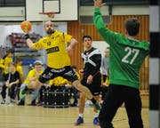 Altdorfs Linksaussen Ivan Fallegger beim Torabschluss. Die Altdorfer haben es im Spiel gegen Birsfelden verpasst, in der Rangliste mehr Boden gut zu machen. (Bild: Urs Hanhart, Altdorf, 16. März 2019)