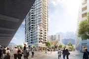 So soll der öffentliche Platz zwischen Bahnhof Mattenhof (links) und der Pilatusarena (Mitte) künftig aussehen. (Visualisierung: PD)