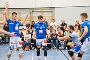 Jubel bei den Spielern von Volley Luzern. (Bild: Eveline Beerkircher, Luzern, 20. März 2019)