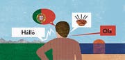Vatersprache Portugiesisch – Muttersprache Deutsch: Das Vokabular zweisprachiger Kinder ist laut Studien nicht kleiner, es verteilt sich einfach länger auf beide Sprachen. (Illustration: Patric Sandri)