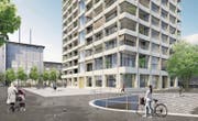 12 Stockwerke hoch soll das künftige Hochhaus sein. Aktuell liegt das Baugesuch auf. (Bild: Visualisierung: PD)