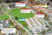 Das Festhüttenareal aus der Vogelperspektive, inklusive Bezeichnung der jeweiligen Eigentumsverhältnisse, vertraglichen Bestimmungen mit der Stadt und Parzellengrösse. (Bild: Donato Caspari/Grafik: Infografik SGT)