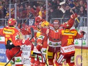 Die Bieler - hier nach einem der Tore von Damien Brunner - hatten erneut Grund zum Jubeln (Bild: KEYSTONE/ANTHONY ANEX)
