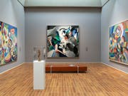 Die Gemälde «Hommage an Blériot» von Robert Delaunay, «Udnie» von Francis Picabia und «Elektrische Prismen» von Sonja Delaunay (von links nach rechts) in der Ausstellung «Kosmos Kubismus. Von Picasso bis Léger» im Kunstmuseum Basel; im Vordergrund der «Tänzer «von Alexander Archipenko. (Bild: KEYSTONE/GEORGIOS KEFALAS)
