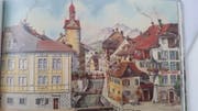 Der Burgerturm (hinten). Der Krienbach floss damals noch mitten durch die Stadt Luzern; er wurde erst später eingedeckt. Viele der Gebäude stehen noch, der Turm wurde 1864 abgerissen. Gemälde um 1800
