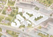 Das Projekt für die Feldmühle, mit bestehenden und neuen Bauten. Nicht ersichtlich ist die geplante Einfahrt für die Unterführung beim Platz zum Stadtbahnhof. (Bild: PD)