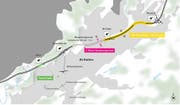 Vom Sitterviadukt soll der Tunnel Feldli (grün) gebaut werden. Beim Güterbahnhof-Areal gibt es via unterirdischen Kreisel einen Zubringer in die Stadt oder weiter bis in die Liebegg an die Stadtgrenze zu Teufen. (Visualisierung: Astra)