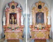 Die beiden Neorokoko-Seitenaltäre aus rötlichem Stuckmarmor in der Kirche des ehemaligen Damenstifts Schänis SG stammen von der Zuger Firma Zotz & Griessl. Sie sind in den Jahren 1910/11 gebaut worden. (Bilder: Andreas Faessler, 24. Februar 2019)