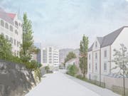 Blick die Zwinglistrasse hinunter zum Blumenbergplatz: Der Neubau anstelle des Kinos Rex soll sich in die Häuserreihe einpassen. Die Fassade wird Elemente der älteren Bauten aufnehmen. (Illustration: HRS)