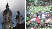 Identifikationsstiftung der unterschiedlichen Art: Die St.Galler Kathedrale und der Espenblock. (Bilder: Urs Jaudas/Urs Bucher)