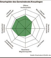 Die Grafik zeigt, wo das Kreuzlinger neu zusammengesetzte Parlament im Durchschnitt angesiedelt ist, in der Smartspider-Darstellung.