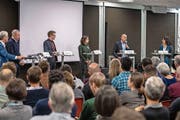 Sie debattierten über den Klimawandel: Erich Ettlin (v.l.), Alois Amstutz, Christian Isler, Rahel Ganarin, John Sieber und Sonia Seneviratne. (Bild: Izedin Arnautovic, Sarnen, 12. April 2019)
