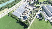 Blick von oben auf die Solarfaltdächer der Kläranlage Chur. (Bild: dhp technology AG)