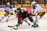 Zug-Stürmer Dennis Everberg (rechts) versucht hier, Berns Zach Boychuck vom Puck zu trennen.Bild: Alexandra Wey/Keystone (Bern, 16. April 2019)