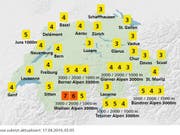 Der UV-Index von MeteoSchweiz vom 17.4. zeigt auch im Flachland Intensitäten von 3 bis 4. Das bedeutet: Schutz erforderlich (Hut, T-Shirt, Sonnenbrille, Sonnencreme). (Grafik Meteoschweiz) (Bild: MeteoSchweiz)