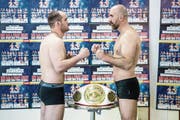 Die beiden Gegner vor dem WM-Kampf: Paata Aduaschvili aus Georgien (links) und Tefik Bajrami. Bild: Pius Amrein (19. April 2019)