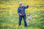 Karin Huter mit ihrem Hund Juna auf einem ihrer Spaziergänge im Seetal. (Bild: Nadia Schärli, Hitzkirch, 16. April 2019)