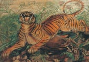 Gut gebrüllt, Tiger. Ligabue malte mit Vorliebe Raubtiere im Kampf oder mit erlegter Beute. (PD/Privatsammlung)