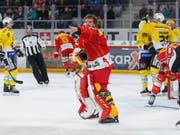 Jonas Hiller kann es nicht glauben, die Berner jubeln über die Führung (Bild: KEYSTONE/PETER KLAUNZER)