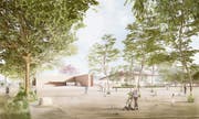 Das neue Hallenbad (rechts) mit dem Eingangsbereich (links), durch den man auch ins Freibad gelangen soll. (Bild: Visualisierung: PD)