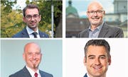 Nach mehr als 100 Tagen im Amt sind sie betraut mit den Geschäften im Gemeinderat: Im Uhrzeigersinn von oben links: Drin Alaj (SP/Cham), Herbert Keiser (parteilos/Menzingen), Christoph Zumbühl (Grüne/Steinhausen) und René Peyer (FDP/ Walchwil). (Bilder: Stefan Kaiser, Maria Schmid, PD)