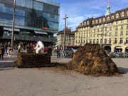 Die Aktionskünstlerin Barbara Kiener «zöpfelt» am Donnerstag auf dem Berner Bahnhofplatz Mist. (Bild: Therese Hänni Keystone-sda)