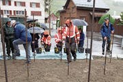 Die Rebhelfer hatten trotz Regen grossen Spass beim Pflanzen der verschiedenen Weinreben. (Bild: Susi Miara)