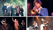 Sie treten am Festival Alpentöne 2019 auf: (von oben links, im Uhrzeigersinn) das Sharing Heritage Love Tree Ensemble, Trompeter Matthias Schriefl, Simone und Nicolò Bottasso sowie Deborah «Scheiny» Gzesh. (Bilder: PD)