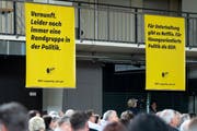 Plakate, fotografiert an der Delegiertenversammlung der BDP Schweiz, am Samstag, 27. April 2019 in Burgdorf. (KEYSTONE/Anthony Anex)