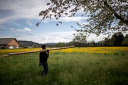 Fithawi Bereket erledigt auch andere anfallende Arbeiten auf dem Wasserbüffelhof. (Bild: Gian Ehernzeller/Keystone)