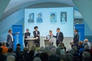 Hitzige Debatte im Pfalzkeller über das Rahmenabkommen (von links): Stefan Schmid (Chefredaktor Tagblatt), Paul Rechsteiner (SP-Ständerat, SG), Nicola Forster (Co-Präsident GLP Zürich), Brigitte Häberli-Koller (CVP-Ständerätin, TG), Roger Köppel (SVP-Nationalrat, ZH) und Jürg Ackermann (stv. Chefredaktor Tagblatt). (Bild: Urs Bucher)