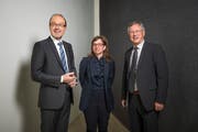 Präsentieren gute Zahlen: (von links) CSS-Finanzchef Armin Suter, CEO Philomena Colatrella und Präsident Jodok Wyer. (Bild: Roger Grütter, 2. April 2019)