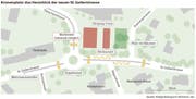Der Segelkreisel wird kleiner und rückt nach Südwesten. Momentan münden die Schul- und die Rietbergstrasse noch in den Segelkreisel, der sich in etwa dort befindet, wo die geplanten Gebäude (rot) sind.