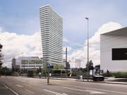 Das geplante Hochhaus in Münchenstein BL mit dem Schaulager im Vordergrund. (Bild: Visualisierung Harry Gugger Studio)