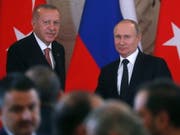 Wladimir Putin (r.) und Recep Tayyip Erdogan treten am Montag nach ihrem Treffen in Moskau vor die Medien. (Bild: Keystone/EPA/MAXIM SHIPENKOV)