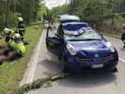 Ein Baum ist in Wallenried FR auf ein fahrendes Auto gefallen und hat die Beifahrerin getötet. (Bild: Kantonspolizei Freiburg)